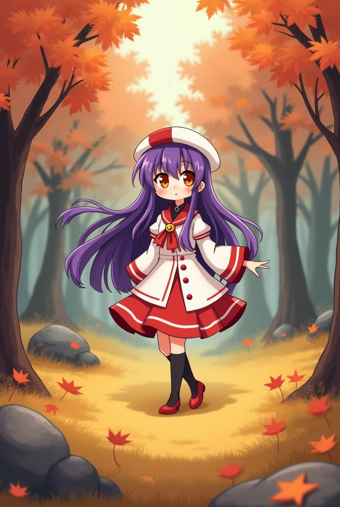 anime,small stature, , by the wide, purple hair, orange eyes,white and red clothes, autumn forest background