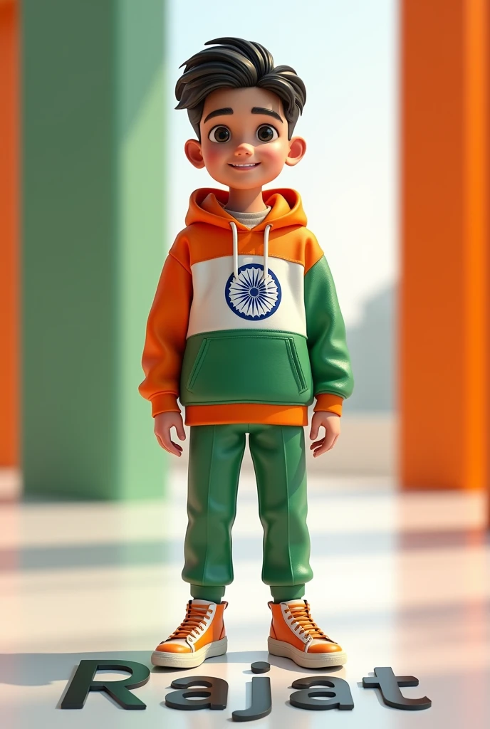 create a 3d realistic image of a 18 boy wearing clothes of Indian flag and he is posing and his rajat name is clearly written in bold letters on the white glossy floor below, and the background view is blurred with the colors of Indian flag, make sure  the name should be visible and correct.  Create high quality images.