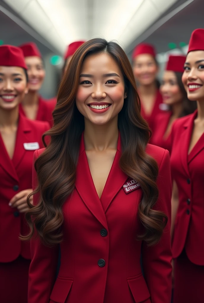 Flight attendant in Qatar Airlines long hair girl being happy with fellow flight attendants
