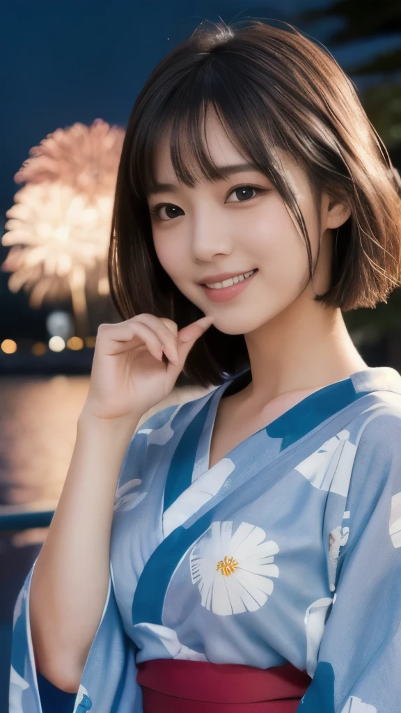 8k,Highest quality,(masterpiece:1.2),(Realistic),(Realistic:1.37),Ultra-high resolution,1 female college student,Fireworks display,night,smile,Beautiful Eyes,(((Cute Yukata))),Perfect body,Perfect Fingers,Professional Lighting,gravure,Detailed face and skin texture,fine grain,RAW Photos