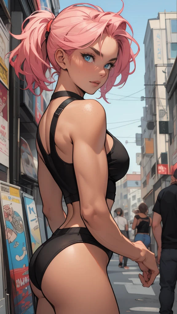 Close up of a supermodel woman's face, against a busy and messy city street background, giorno, clear blue eyes, short pink hair detailed with pigtails and a shaved undercut, freckles, blushful, pouting expression, single raised eyebrow, ombre, black lipstick, pierced eyebrow, big fit ass , wearing a loose baggy croptop, looking at side, comic-book style, flat-shading, prominent comic book outline lines