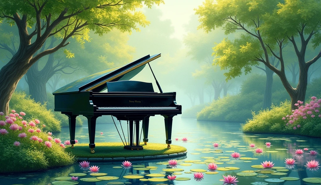 Black grand piano、The statue is placed in front of a pond with blooming water lilies.。Drawn in a realistic watercolor style throughout、There is a quiet atmosphere。The piano is surrounded by lush trees and bushes.、It depicts a corner of a beautiful garden with sunlight streaming in.。