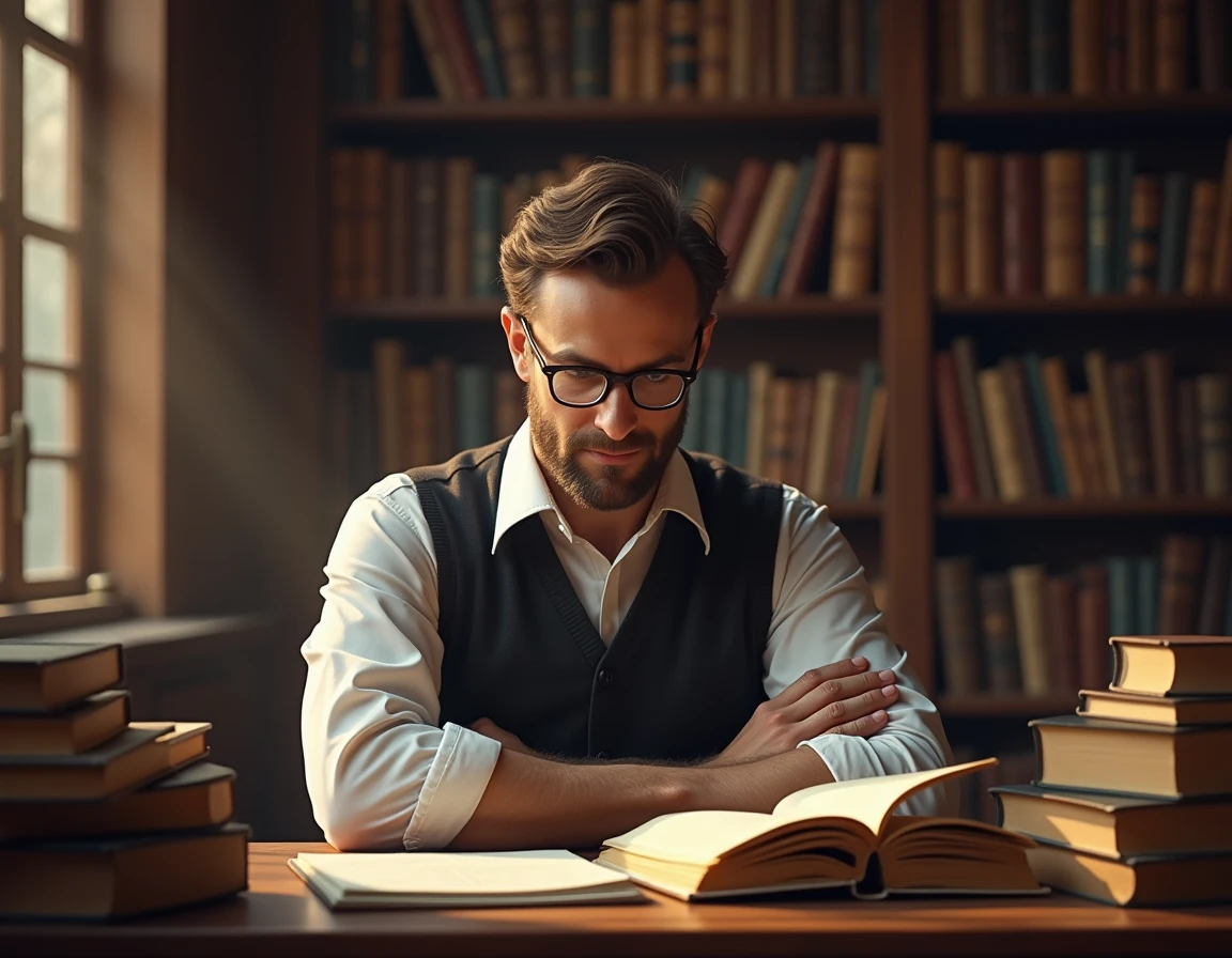 Man with glasses in library