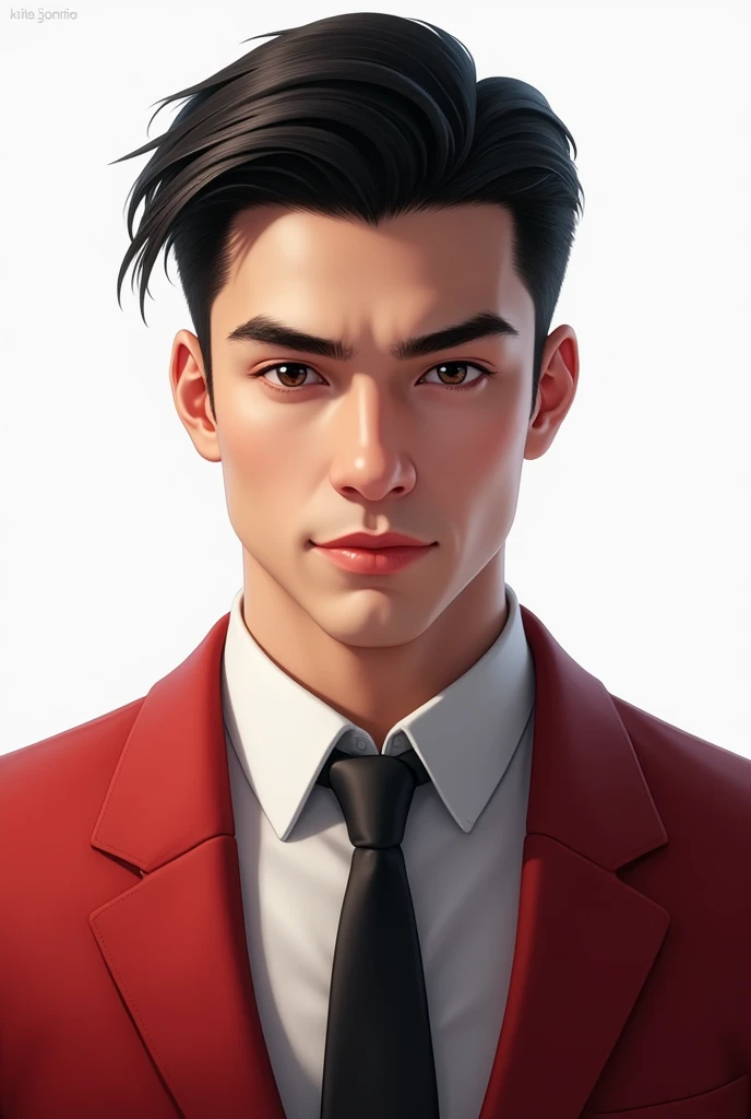 Portrait, handsome male, focus camera, Black hair, shirt, blazer red, tie, white background