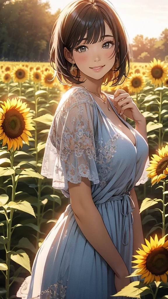 masterpiece,high quality,ultra-detailed,(realistic:1.4),(photorealistic:1.4),ultra-wide-angle,infinity focus,mature woman,happy face,blunt bangs,wavy short hair,casual dress,huge chest,in sunflower field,surrounded by ten million sunflowers,view from above,long shot,aerial perspective