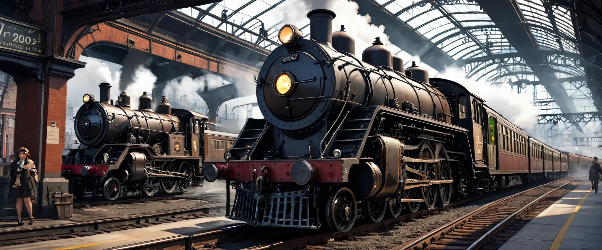 Fifties, trains，steampunc, The beautiful, City, concept-art, Draw one, Fantastical, 4K, hyper HD, high high quality, hot topics at artstation headquarters, 8k ultra high definition, Studio quality, ultra real photo, max detail, massive scale, Post-processing, current, photo-realism, Photoshop, photography, Ray traching, Rendered by Octane