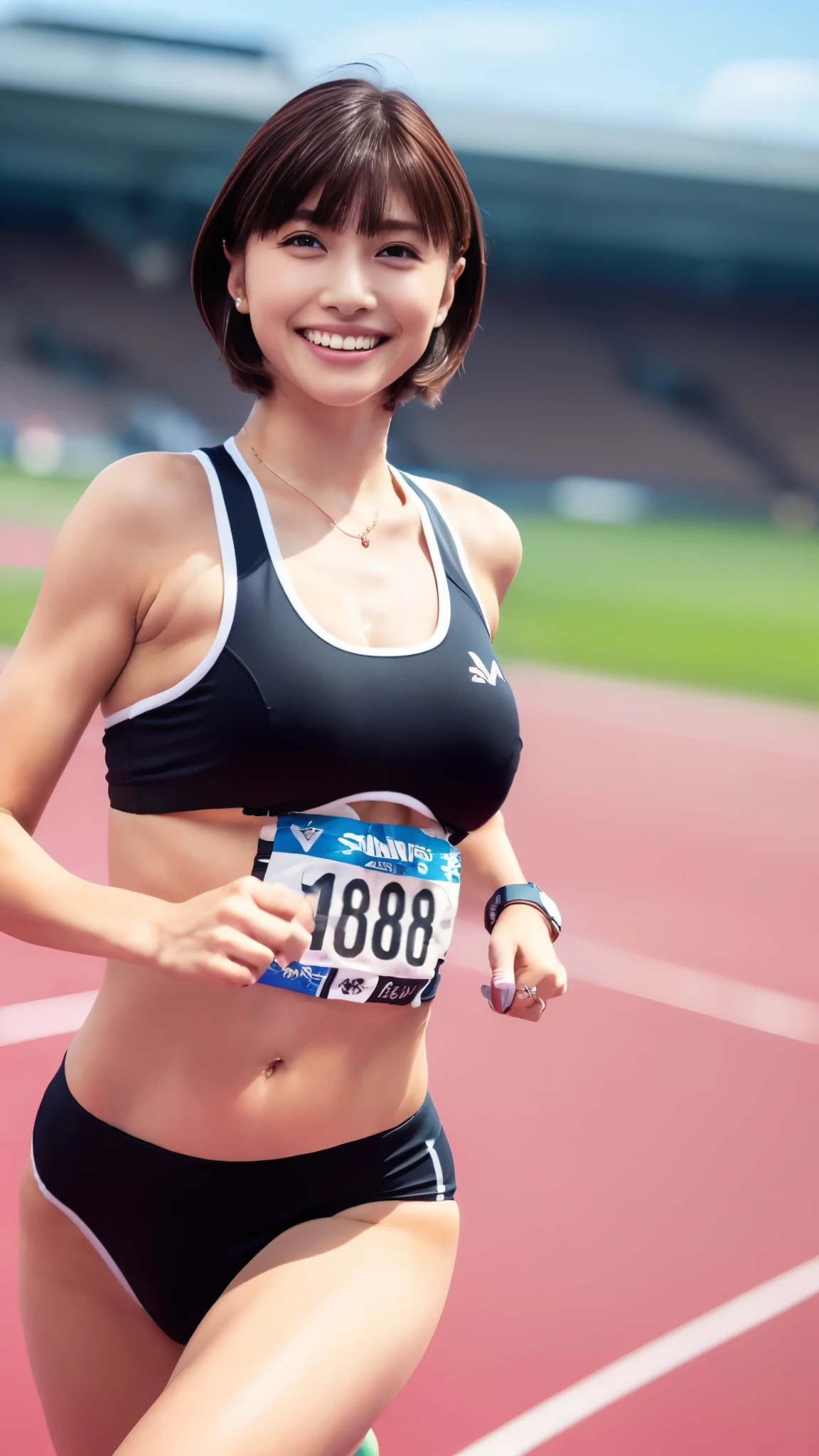 (8k,Ultra-high resolution,Highest quality,masterpiece,Realistic,Ultra-high resolution,High-quality RAW color photos,Professional photos,Realistic,Realistic:1.1),Natural skin texture,Fine skin,Hyperrealism,Intricate details,Adult women,Eye highlights.Lip gloss,Glossy Lips,((Cute smile,Short Hair,Dark blonde hair,bangs:1.2)),((Marathon runner,Athletics Stadium,White separate uniform for track and field athletes,Black competition bloomers,running pose:1.4)),running shoes,((Be sure to wear high-cut bloomers for competitions.:1.5)),(((gigantic breast,A long chest that hangs down quite a bit,Big Breasts,Always running:1.35)))