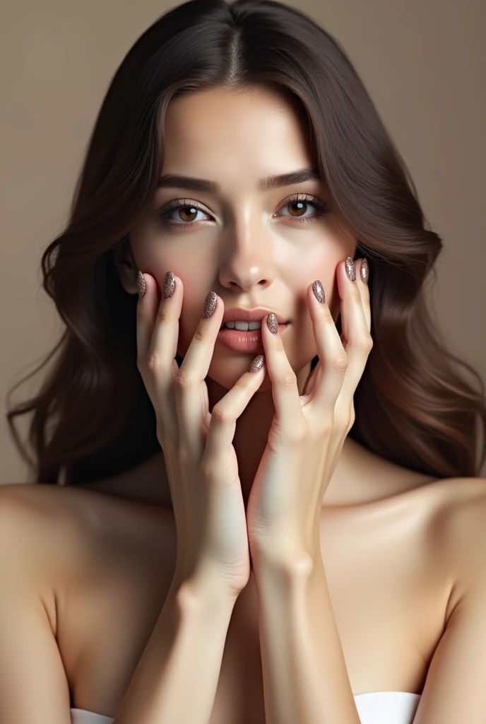Illustration of a beautiful woman posing as a model in a minimalist, monochrome style. The image should have soft, muted tones like beige or light brown, with a focus on fine details and shading. The woman should have sharp facial features with long open hair and the composition should highlight her hands with long beautifully decorated nails. The overall mood should be elegant and sophisticated, with a touch of modern, sleek design. The background should be simple, allowing the main subject to stand out. Do not want a photorealistic image. It has to have an artistic effect.