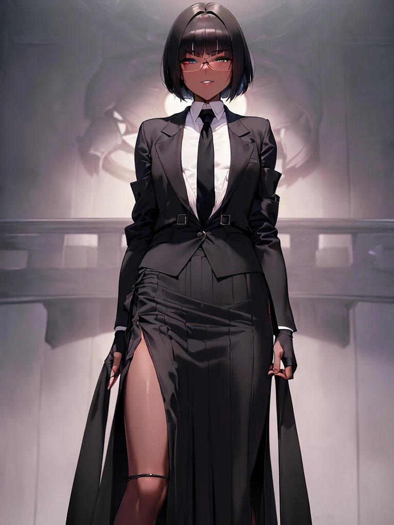 (masterpiece:1.2), highest quality, High resolution, unity 8k wallpaper, (fine and beautiful eyes:1.6), highly detailed face, perfect lighting, Detailed CG, (perfect hands, perfect anatomy:1.3), (1 femmale:1.4), (20 years old femmale:1.4),( black hair:1.3), extremely beautiful detailfeminine face and eyes, (evil smile:1.3), detailed eyes, best quality,( dark skin:1.8), extremely detailed, very precise detailed,(glasses:1.3), (blunt bangs:1.3), open mouth, (very short hair:1.4),(fingerless gloves:1.5), (half closed eyes:1.5),(business suit:1.6),boots,(flat chest:1.7),standing,(long skirt:1.6),(long skirt in slit:1.6),(spread_legs:1.3), ,necktie, (long sleeves jacket:1.4)