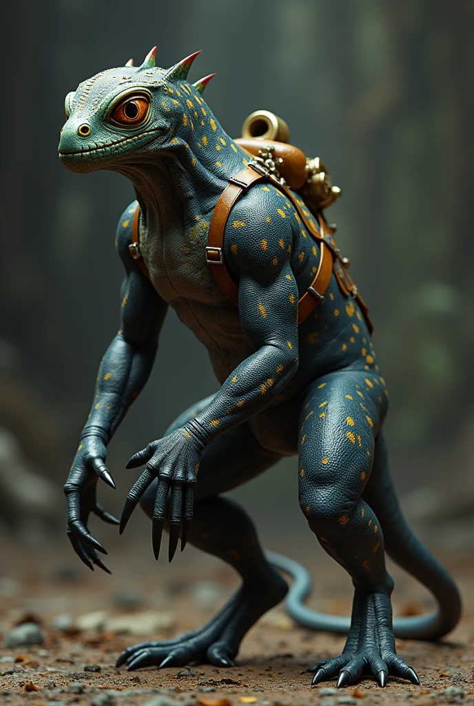 En photo réalisme. in profile. Dans l'univers du jeu vidéo Fallout 3. A hybrid between a chameleon and a flayer. It's a mount. Il marche à quattre pattes et a une belle selle sur le dos mais pas de cavalier. he is two meters tall. He has long claws. Il est rapide et agille mais a de large épaules et des bras musclés.
He has the eyes and snout of a chameleon and the body of a flayer, des dents pointues mais reste très mignon.
His scaly skin is dotted with colored spots but his predominant colors are dark blue and golden with some touches of orange around his eyes.. It is very beautiful.
Maintenant je veux la version adulte. et plus mignon