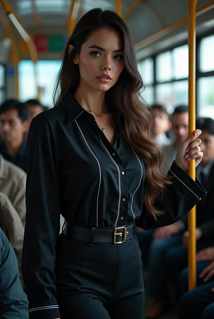 ((best quality)), ((masterpiece)), (detailed), detailed, concentrated, Professional lighting, Very beautiful women, widow, long hair, curve body, black shirt4(square white line motif), Full body image, Take a crowded bus, Standing and Holding the belt, Crowded inside the bus, Surrounded by middle-aged men, the lights from the window on her face.