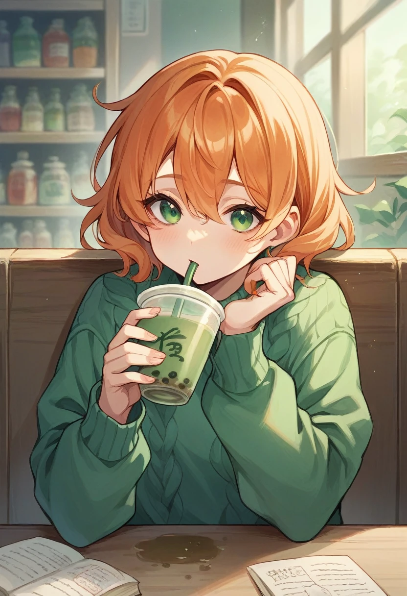 A 16 year old girl, with short wavy and orange hair, with emerald green eyes, fair-skinned and wearing a green knitted sweater drinking tea and accompanied by several thick books on his table