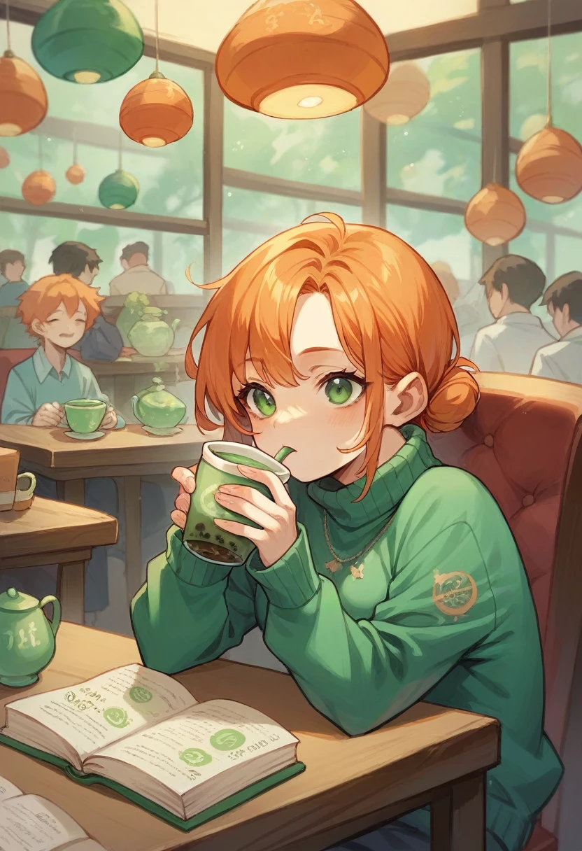 A 16 year old girl, with short wavy and orange hair, with emerald green eyes, fair-skinned and wearing a green knitted sweater drinking tea and accompanied by several thick books on his table