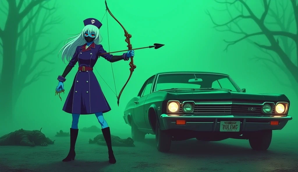 This image needs to be anime, a woman with blue skin wearing a black mask over her mouth, Eyes red, long white hair wearing a purple medical outfit with buttons and dark blue details. She is wearing long boots. She is also wearing a purple nurse's hat with a skull on the symbol. She is next to a white 1967 Chevrolet Impala Sedan. The place where she is has an intense green fog with several victims of the Black Death, and she is holding a very bizarre and poisonous bow and arrow.
