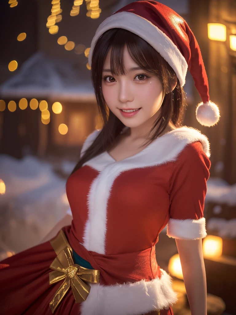 A 25 year old japanese girl, detailed cutie face,cutie smile, balanced detailed eyes, detailed droppy eyes, extremely detailed face, slender body, short hair, (Santa Claus costume:1.25), snowy night town, (best quality,4k,8k,highres,masterpiece:1.2),ultra-detailed,(realistic,photorealistic,photo-realistic:2.0),HDR,UHD,studio lighting,ultra-fine painting,sharp focus,physically-based rendering,extreme detail description,professional,vivid colors,bokeh,fantasy,magical,whimsical,soft lighting,warm colors,digital painting