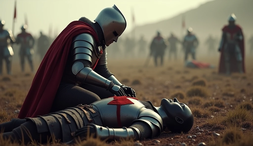 A highly realistic, high-contrast, 8K HD, detailed, hyper-detailed scene where the knight from the provided image, wearing steel armor with a red cross on his tunic, is kneeling beside a fallen comrade on the battlefield. The atmosphere is somber and filled with the weight of loss, as the knight shows respect and sorrow for his fallen companion. The battlefield around them is chaotic, with the aftermath of battle visible in the background. The dramatic lighting highlights the detailed armor and the raw emotion of the moment. The image is of the highest quality, with ultra-high resolution, RAW photo quality, and Unreal Engine rendering, capturing the deep bond and sacrifice of these warriors.