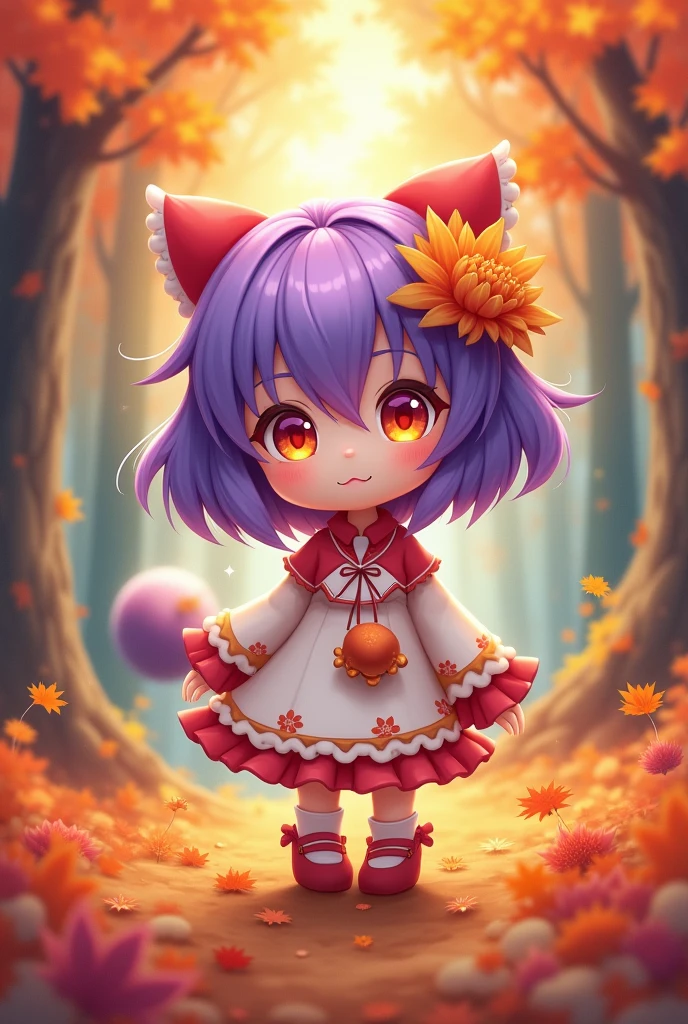 anime,small stature, , by the wide, purple hair, orange eyes,white and red clothes, autumn flower in the head, autumn forest background
