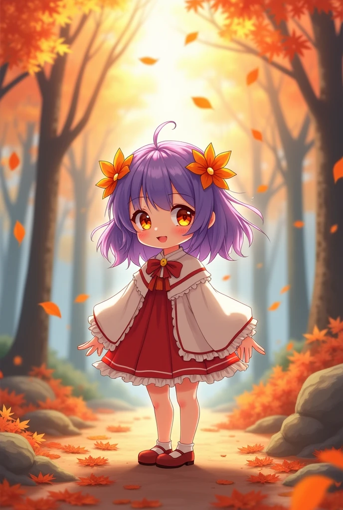 anime,small stature, , by the wide, purple hair, orange eyes,white and red clothes, autumn flower in the head, autumn forest background