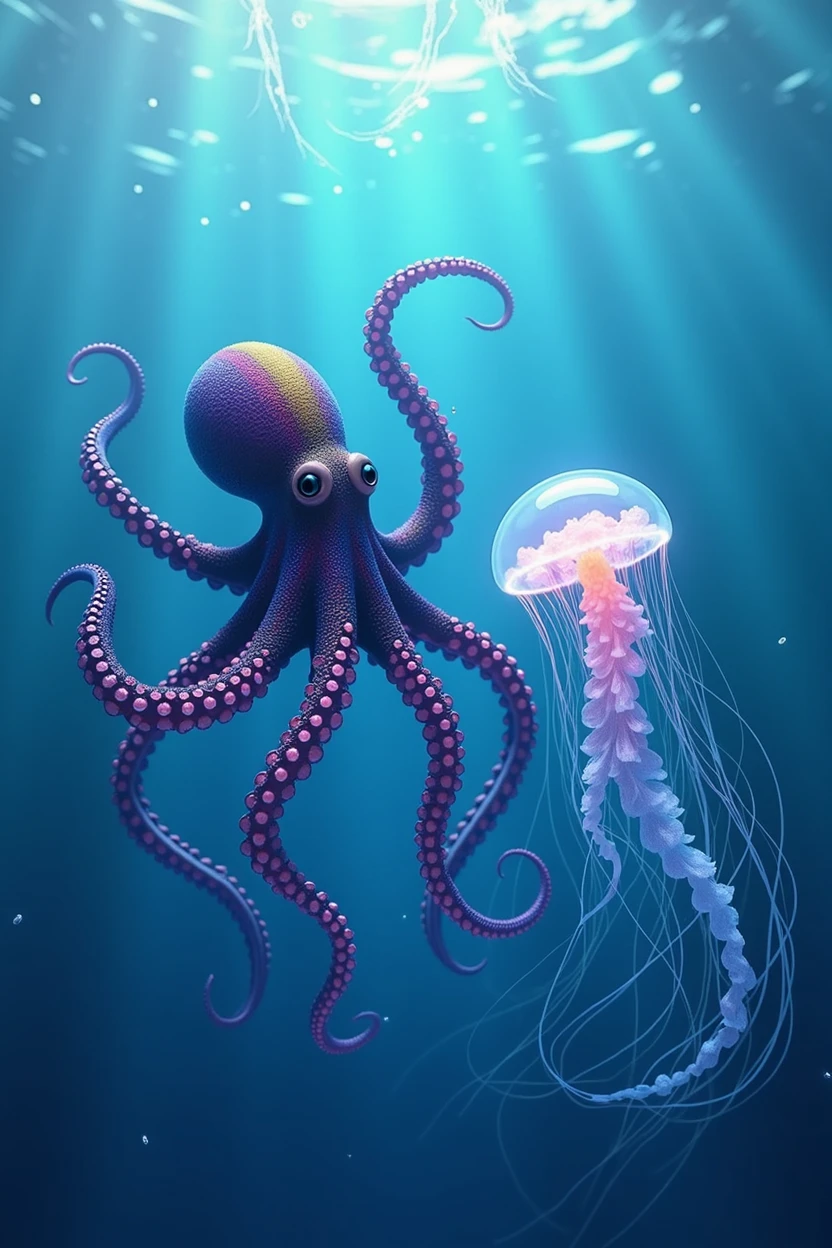 Octopus and jellyfish in the sea