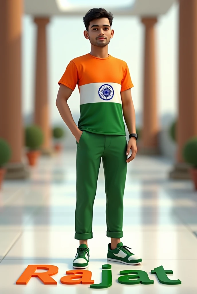 create a 3d realistic image of a 19 boy wearing clothes of Indian flag and he is posing and his rajat name is clearly written in bold letters on the white glossy floor below, and the background view is blurred with the colors of Indian flag, make sure the name should be visible and correct. Create high quality images.