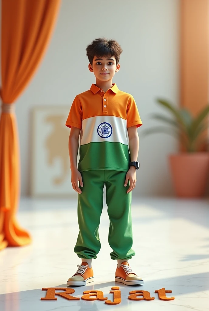 create a 3d realistic image of a 19 boy wearing clothes of Indian flag and he is posing and his rajat name is clearly written in bold letters on the white glossy floor below, and the background view is blurred with the colors of Indian flag, make sure the name should be visible and correct. Create high quality images.