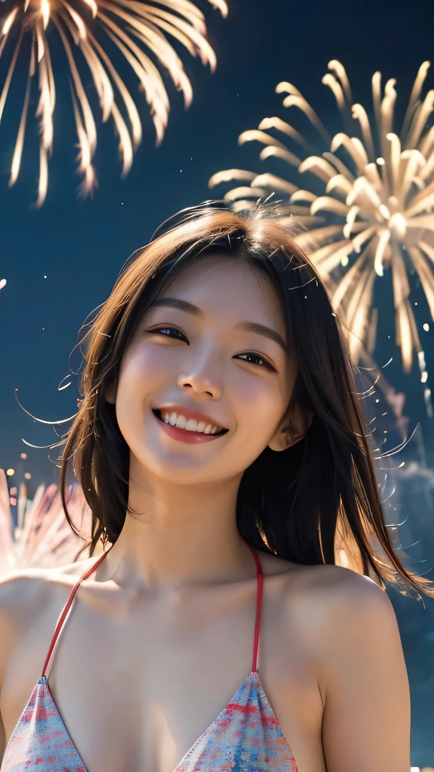 Diffuse lighting、 Highest quality, High resolution, unity 8k wallpaper、Supersaturation, colorful, 8k resolution, 1 female、Japanese、23 years old、Adult、Close-up portrait、Wear a swimsuit、比基尼、赤色の比基尼、Look forward、Angle from below、chest、 colorful fireworks burst into the sky. Please show me your best smile、Festival fireworks、The atmosphere was cheerful, With volume light, Soft Light, Aerial fireworks、Japanese Festivals, Highest quality, Written boundary depth, Detailed Background, Beautiful cheeks, Sparkling eyes, And the stars in the night sky々,