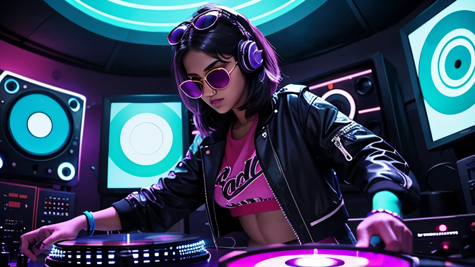 "indian girl with cool head set,front view ,cool open jacket and crop top shirt, rocking sun glasses, two big LED glowing loudspeakers on each side, immersed in a purple neon-lit environment, vinyl record on turntable with music mixer and turntable in front of her, exuding an electrifying disco vibe in a futuristic night club."
