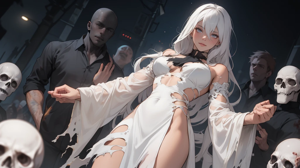 zombie's, undead , undead girl , shorth hair , long ripped dress , undead girl , all-body , undead , Long white ripped dress , Long and wide dress , Shroud, at night , torn dress , undead features , Corpo sexuell , sexuell , blurred look, She stands directly in front of the viewer., with hands down