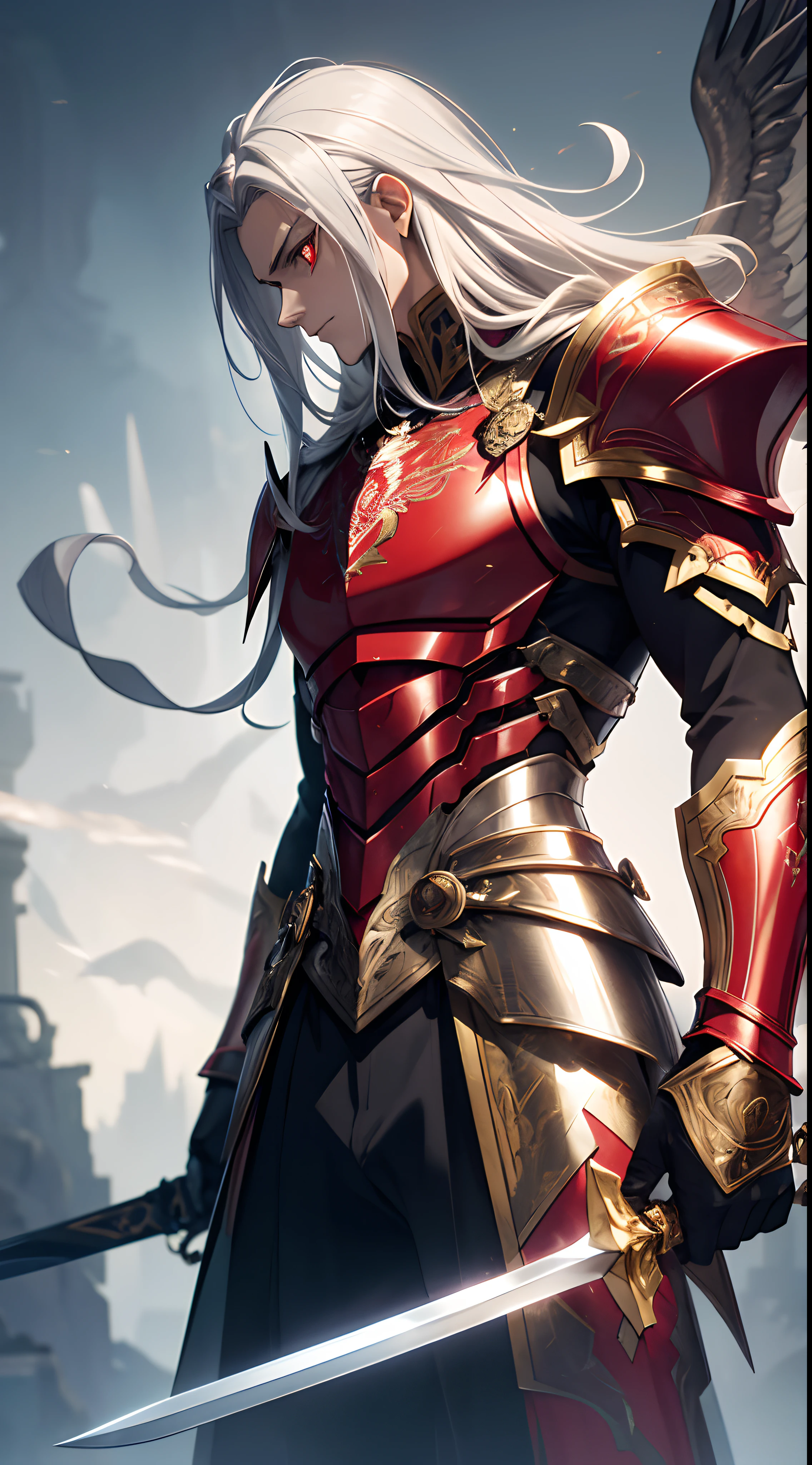 one men, silver hair, Eyes red, golden eagle knight, fine armor, greatsword, intricate design, red details, silk, cinematic lighting, 4K, floating hair, Spitz, prism, shining knight