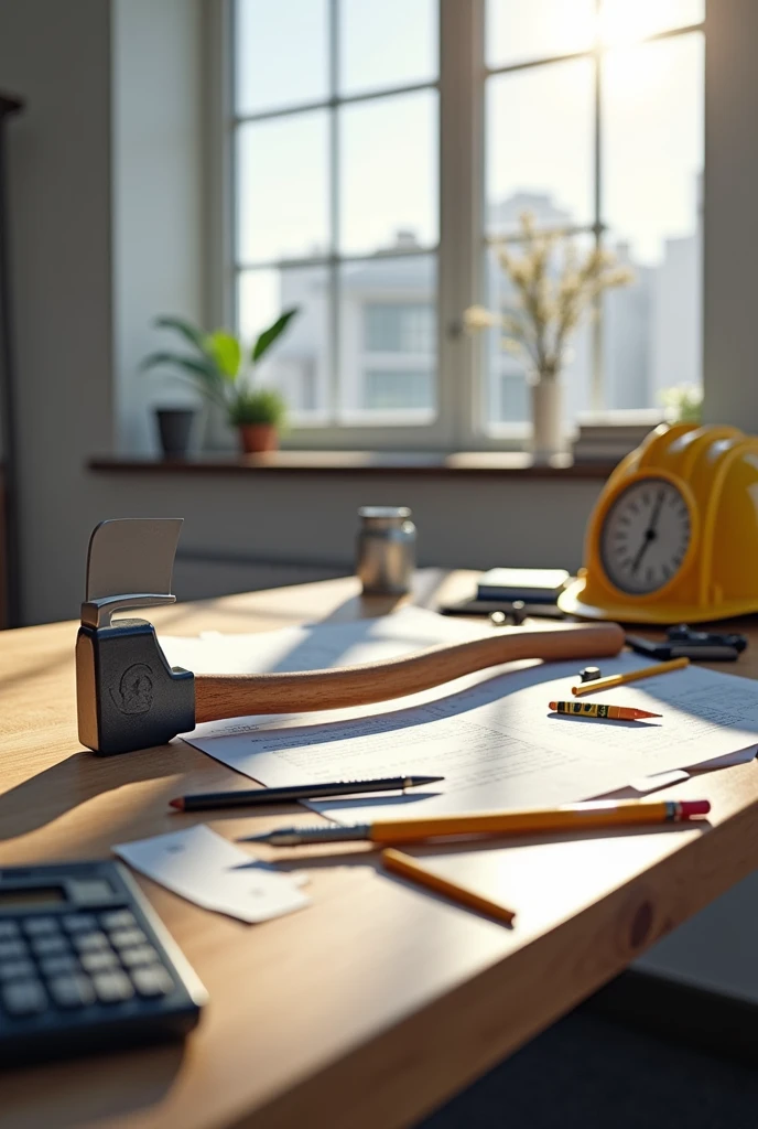 large office table, an open engineering project on the table, on the table you can see a pencil, a pen, a compass, a calculator, and a scalemeter, the background is an engineering office, clear clean and organized, light of the sun coming through the window. Prominent on the table is a fire department ax with smoke marks and fire burns.