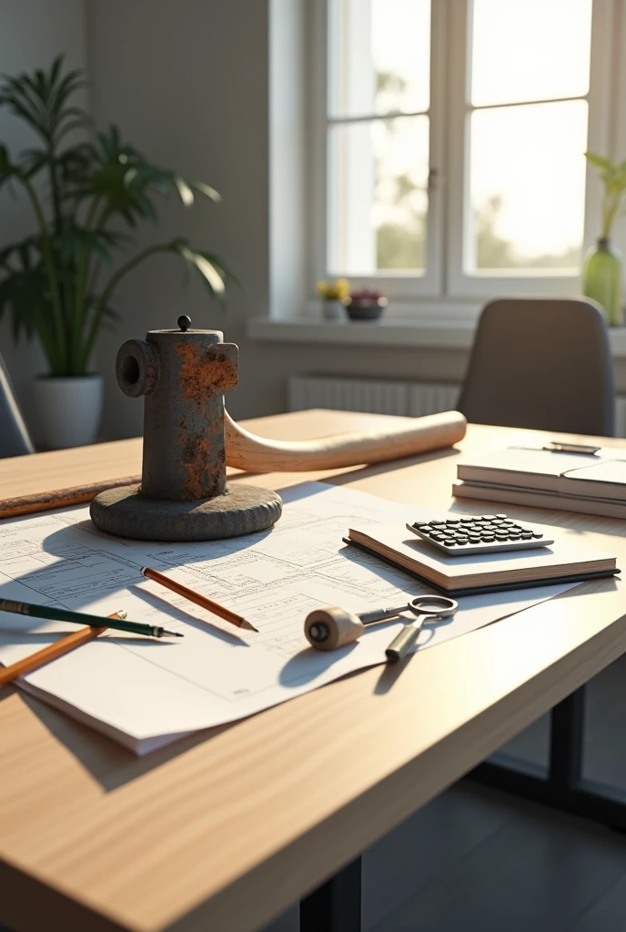 large office table, an open engineering project on the table, on the table you can see a pencil, a pen, a compass, a calculator, and a scalemeter, the background is an engineering office, clear clean and organized, light of the sun coming through the window. Prominent on the table is a fire department ax with smoke marks and fire burns.