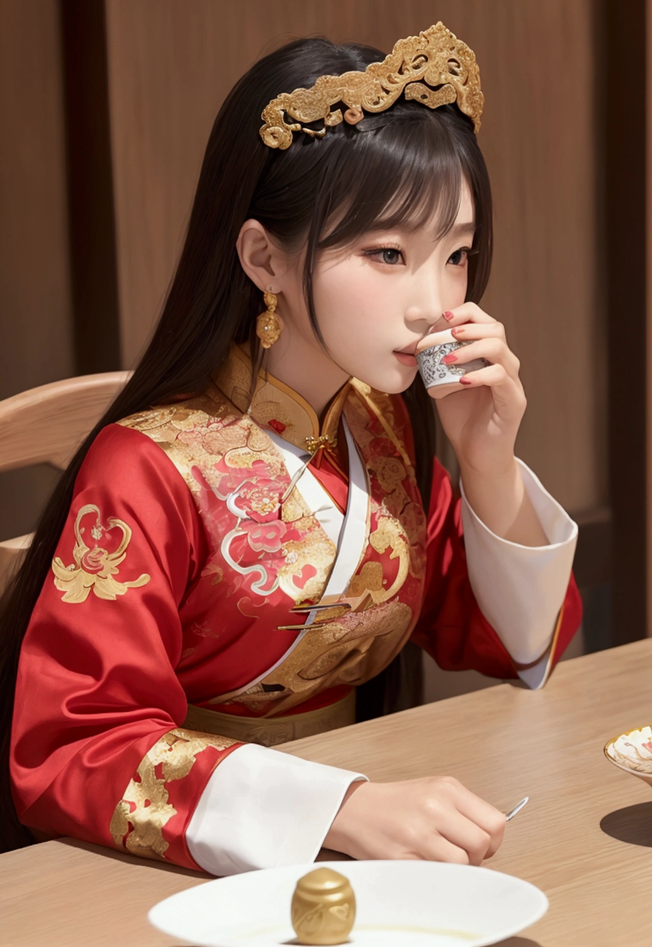 Close-up of a woman sitting at a table drinking coffee, palace , Girl in Han Dress, A young woman like Genghis Khan, Beautiful oriental woman, Chinese women, Chinese Girl, Chinese Princess, an Asian woman, a young Asian woman, ancient Chinese Princess, Asian woman, Wearing ancient Chinese costumes, Traditional beauty, Young Asian