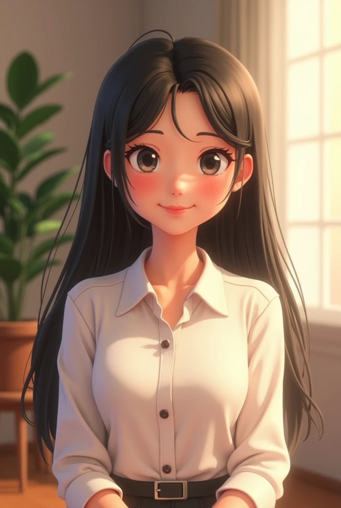 Create a animated young woman age of 25 with black hair looking at the canera with little smile wearing white beautiful simple shirt  sitting in the studio