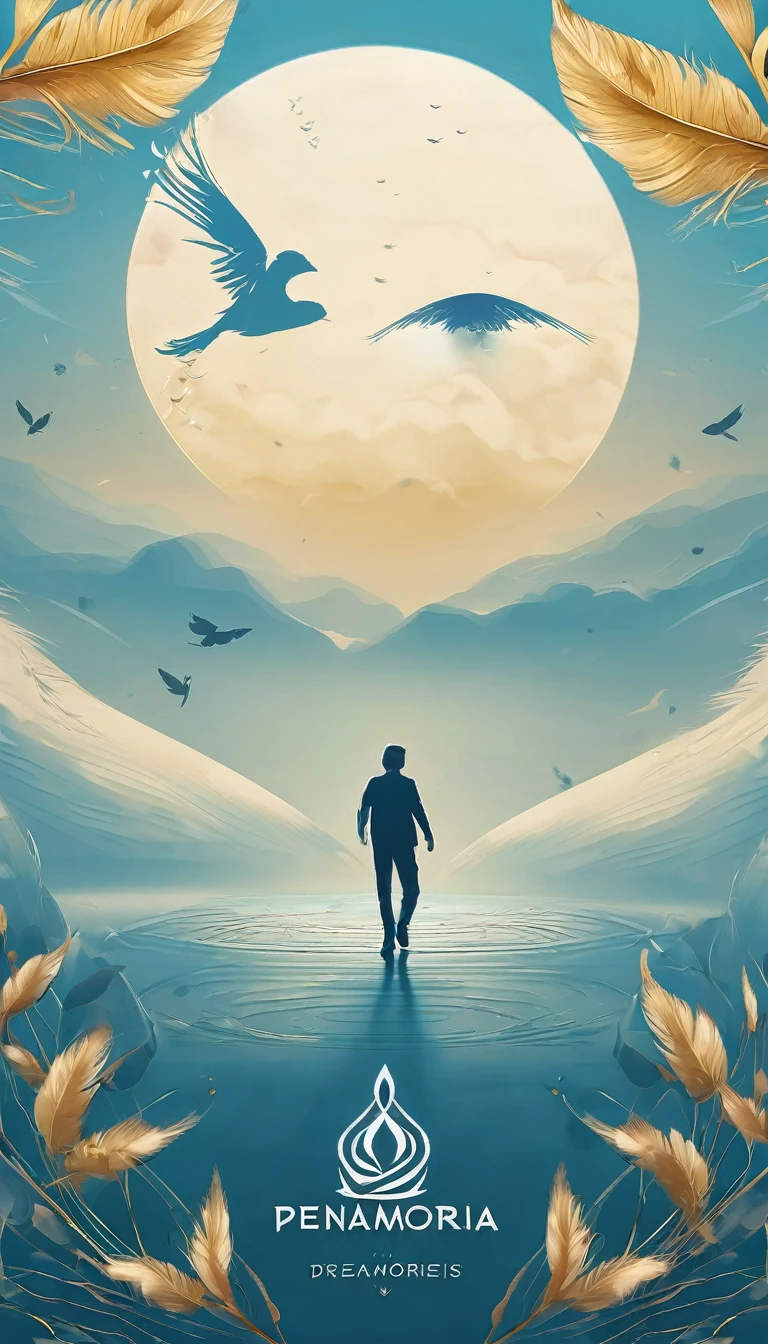 Create a professional, fantastic, cinematic dream-like logo design for a brand about music, stories, fantasy, memories and dreams called " Penamemoria". Masterpiece, 4k, sharp focus, highest quality,wide shot. The title is " Penamemoria". Is a brand about the creative, unique creative journey of a boy and a feather of memories. Minimalistic, simple, poetic, dreamy logo design at the center of the image. The Background image is a world full of feathers, unique birds, light blue sky, soft white and golden. Logo design of a unique, creative, masterpiece feather of memories