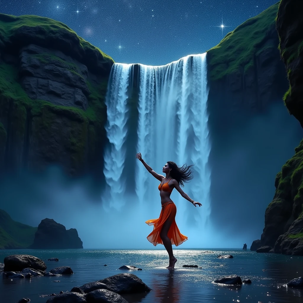 (photorealism:1.3), beautiful indian girl in bikini, free-spirited, facing front with eyes open, dancing under the moon and pitch black sky covered with dazzling stars at a huge water fall enjoying the nature.
