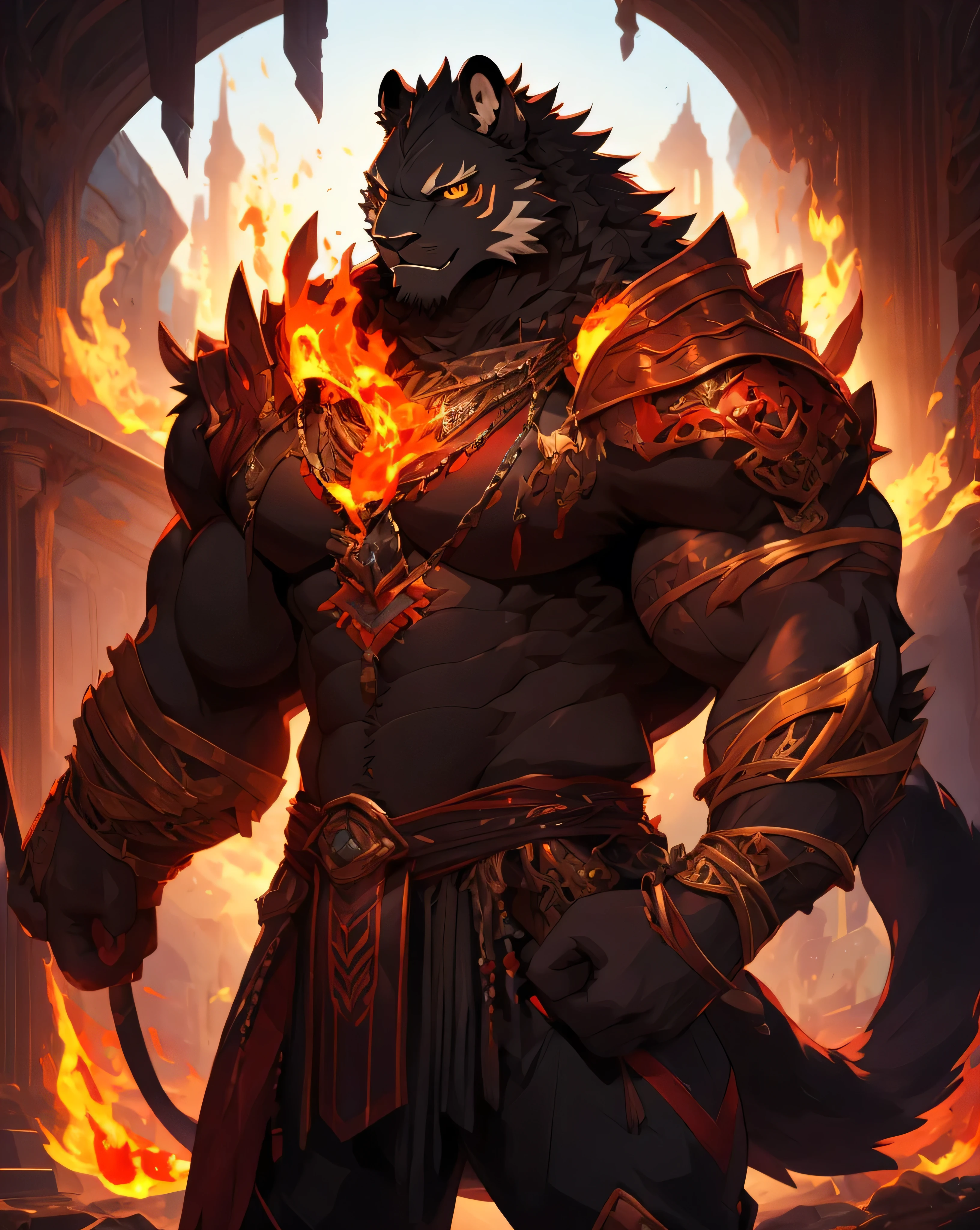 (masterpiece)，(Very detailed)，(best quality)，8K，(high quality)，(Ultra high quality)，(Super detailed)，，black Demon Jaguar，muscular，Furry Characters，，，Best image quality，seductive look，Eyes Details，amber eyes, masterpiece，Meticulous facial details, Fire around, staying, hell, demon Jaguar, Mad and seductive expression on face, hell in background, black furr 