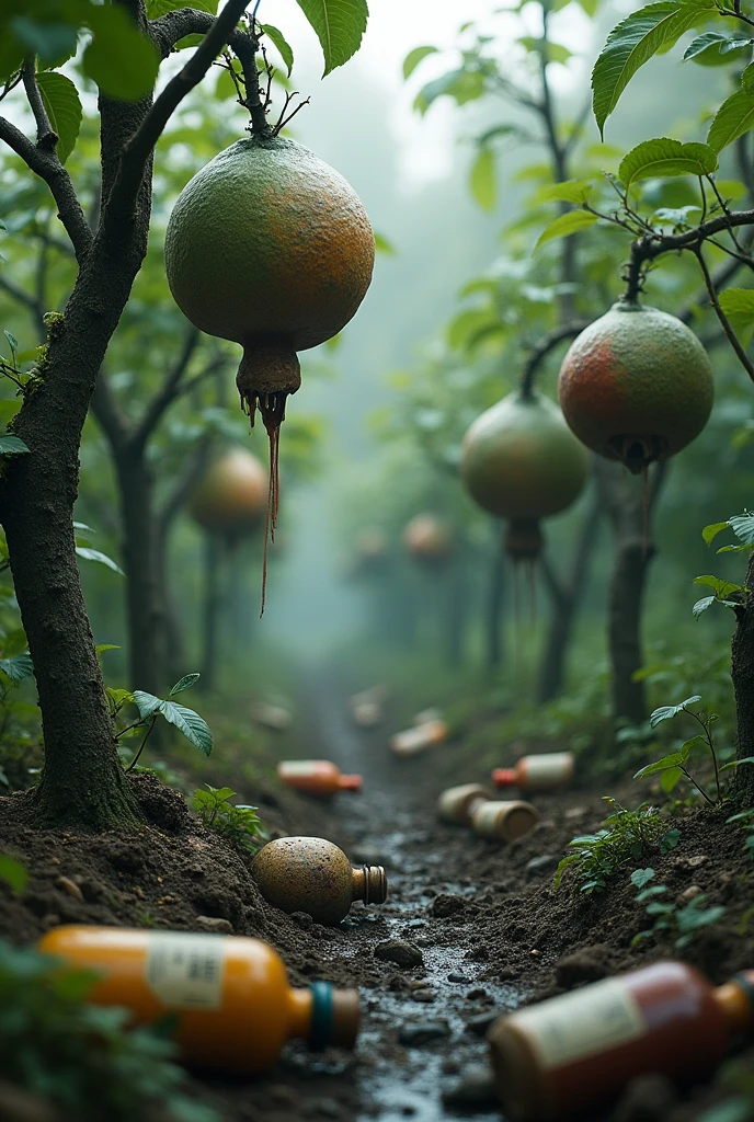 Images of deformed fruit trees, strange colors, close-ups of abandoned chemical bottles in the garden