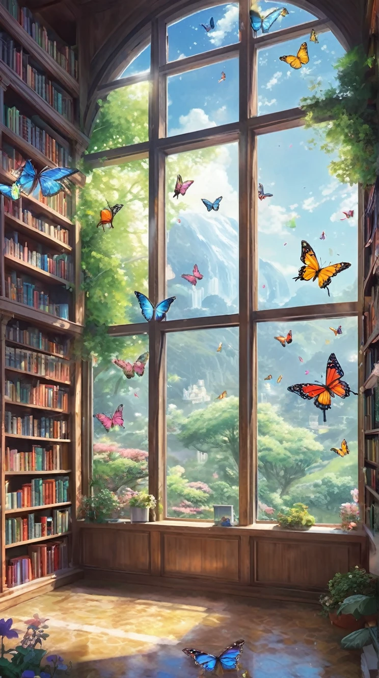 landscape。Fantasy、Lots of butterflies々、Colorful butterflies、shine、The large window of the library、Beautiful garden