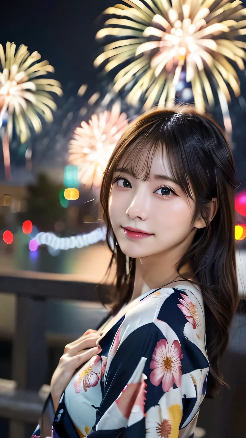 Detailed Yukata, (((Fireworks are bursting in the background))), (Highest quality,masterpiece:1.3,Ultra-high resolution,),(Very detailed,Caustics),(Realistic:1.4,RAW shooting,)Ultra-Realistic Capture,Very detailed,High resolution 16K suitable for human skin、 Natural skin texture、、Skin tone is even and healthy looking、 Use natural light and colour,One Woman,Japanese,,cute,Medium Hair,(Written boundary depth、chromatic aberration、、Wide range of lighting、Natural Shading、)、(Outdoor lighting at night:1.4)、(Hair swaying in the wind:1)、(Exposure:3.0)