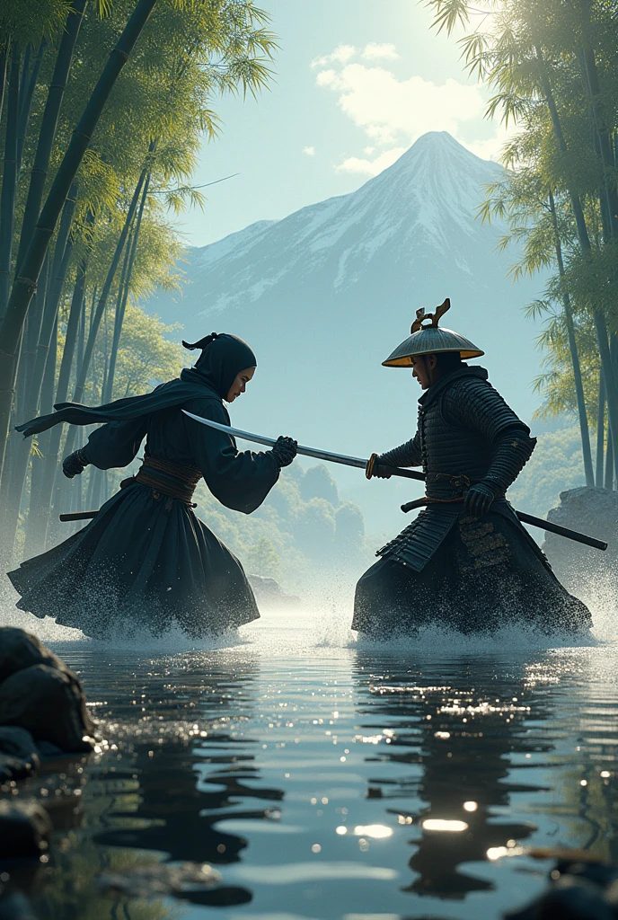
a fight between a ninja and a samurai
