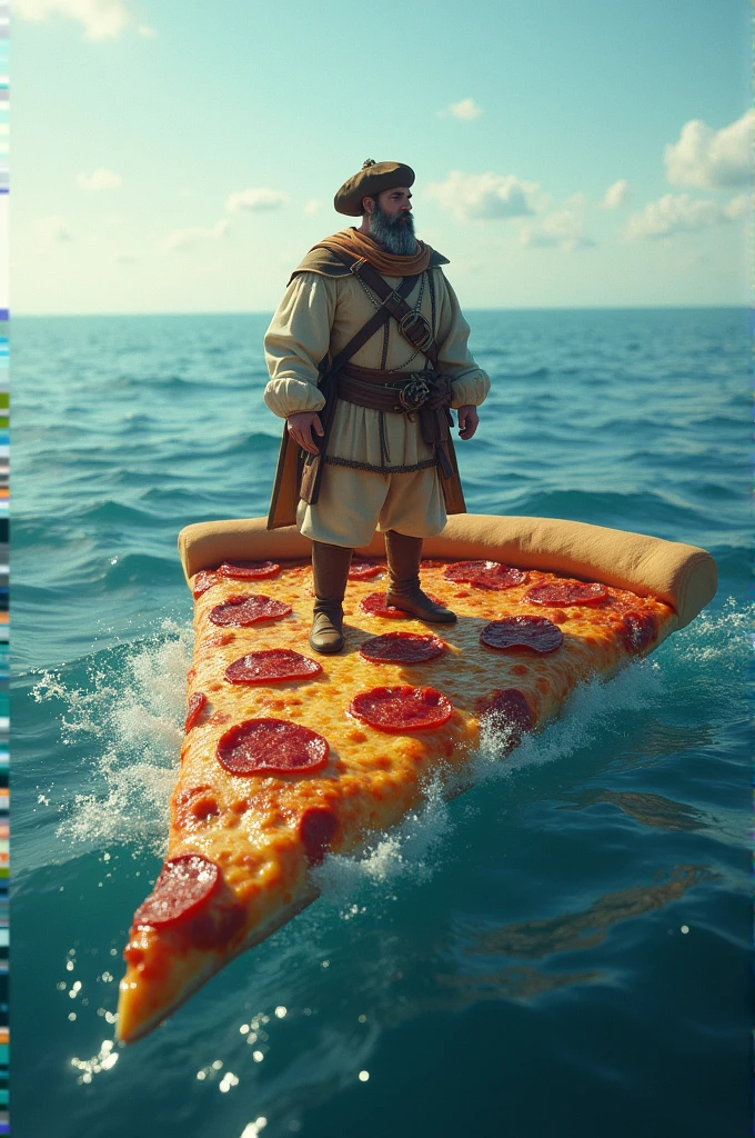 francesco pizzaro riding a slice of pizza in the middle of the ocean