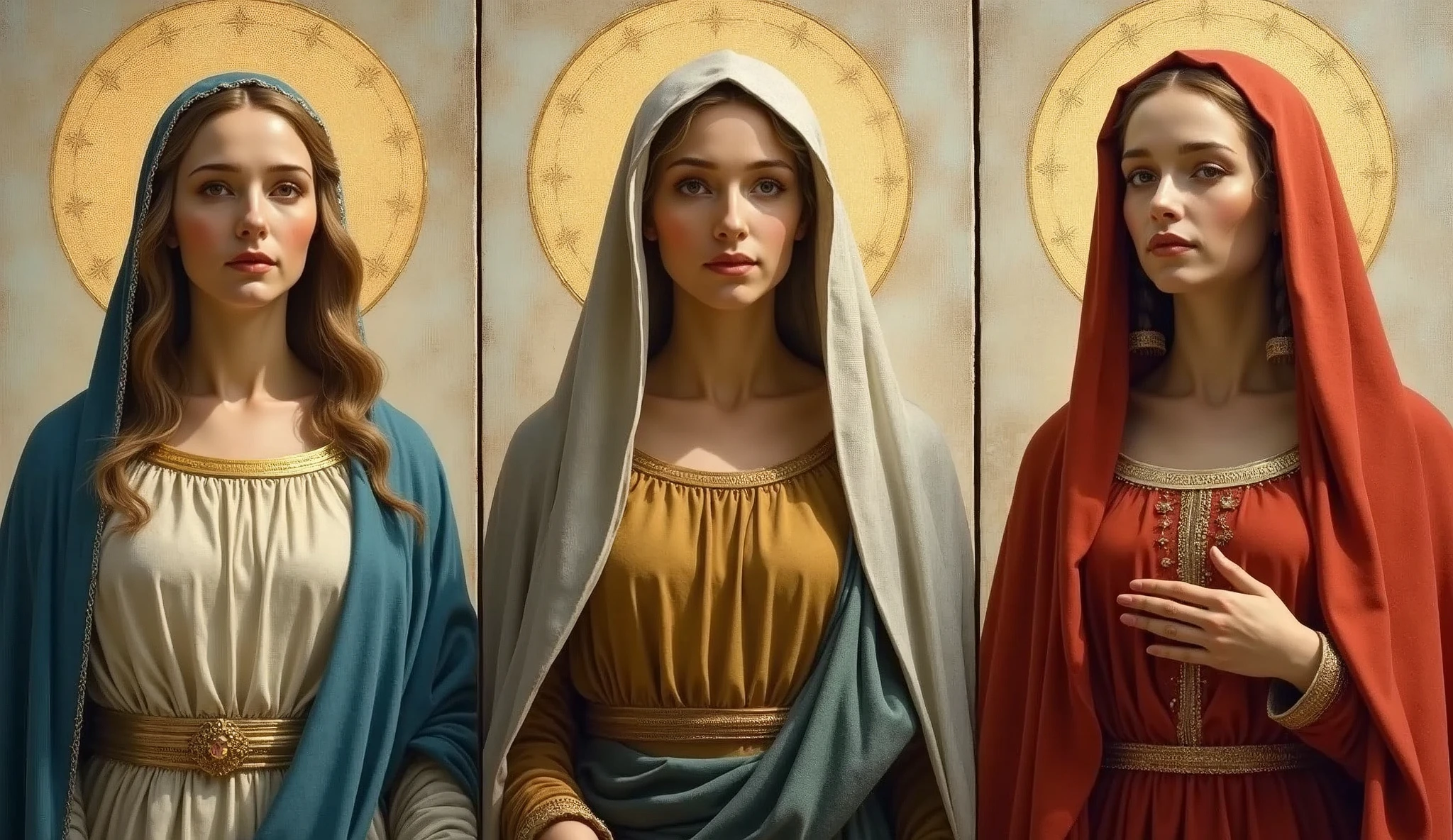 Three women standing side by side。Facing forward。。Beautiful Virgin Mary on the left、Beautiful Mary Magdalene in the center、Beautiful Salome on the right