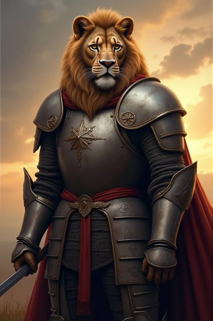 Middle Age knight, evening light, Lion face