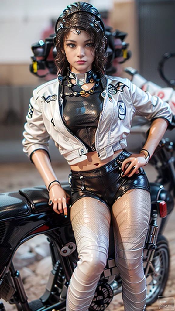 serious, seductive smile, Fitted Black motorcycle/bomber jacked 1/4 cropped , White micro bikini top under jacket , Skin tight black jeans , Loose low matte black leather motorcycle boots, Slim but lightly toned build, Small bust, cinematic lighting, wide shot, from above, Model is in a classic pinup pose , (Model lays back on vast field of ((white maneki neko figures)):1.3) , UHD, 16k, textured skin, best quality, anatomically correct, accurate, masterpiece, (promotional art), (full body portrait) , Flawless skin , Smooth skin , Correct anatomy, best hands, correct hands