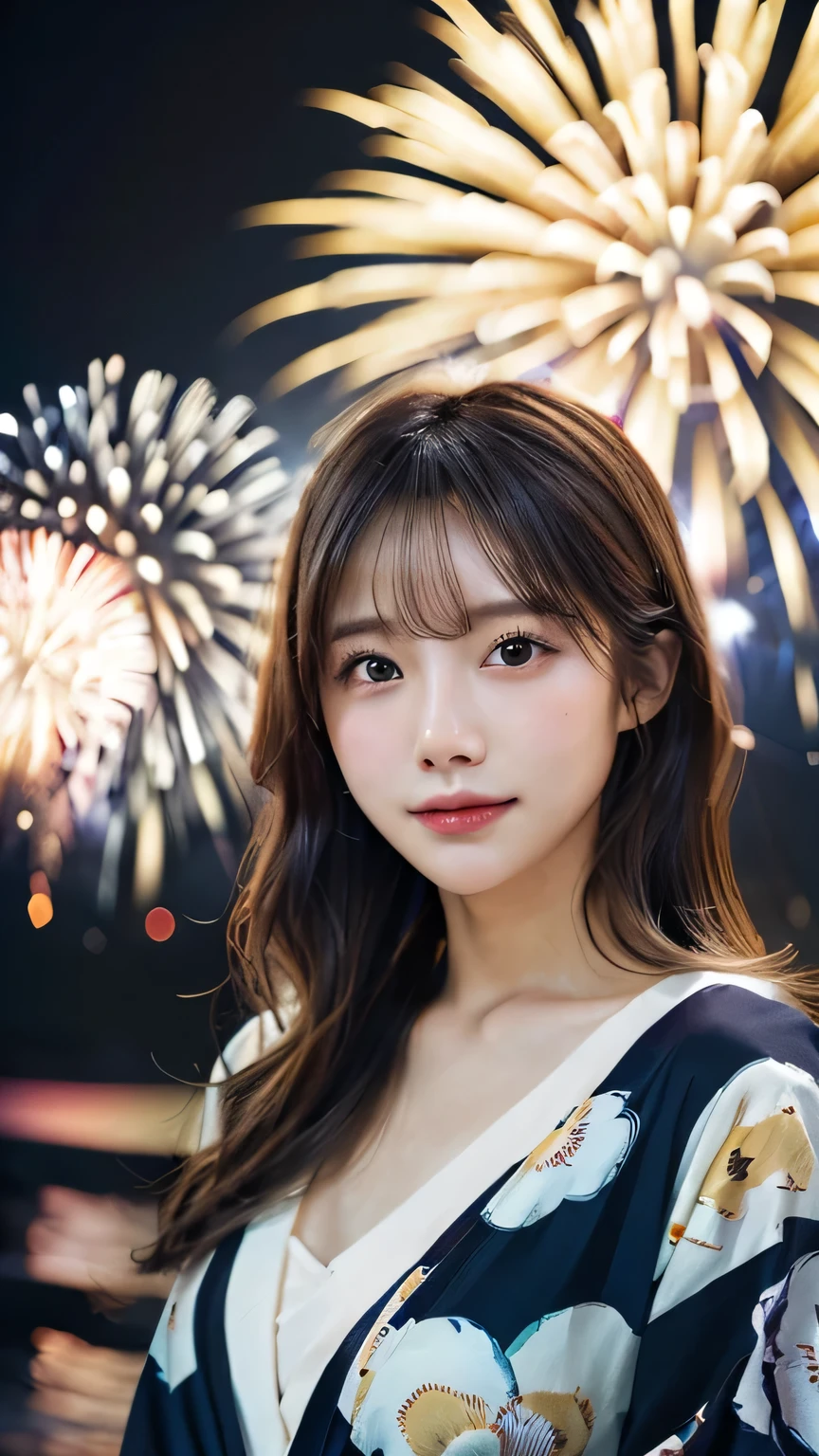 Detailed Yukata, (((Fireworks are bursting in the background))), (Highest quality,masterpiece:1.3,Ultra-high resolution,),(Very detailed,Caustics),(Realistic:1.4,RAW shooting,)Ultra-Realistic Capture,Very detailed,High resolution 16K suitable for human skin、 Natural skin texture、、Skin tone is even and healthy looking、 Use natural light and colour,One Woman,Japanese,,cute,Medium Hair,(Written boundary depth、chromatic aberration、、Wide range of lighting、Natural Shading、)、(Outdoor lighting at night:1.4)、(Hair swaying in the wind:1)、（Exposure:3.0）