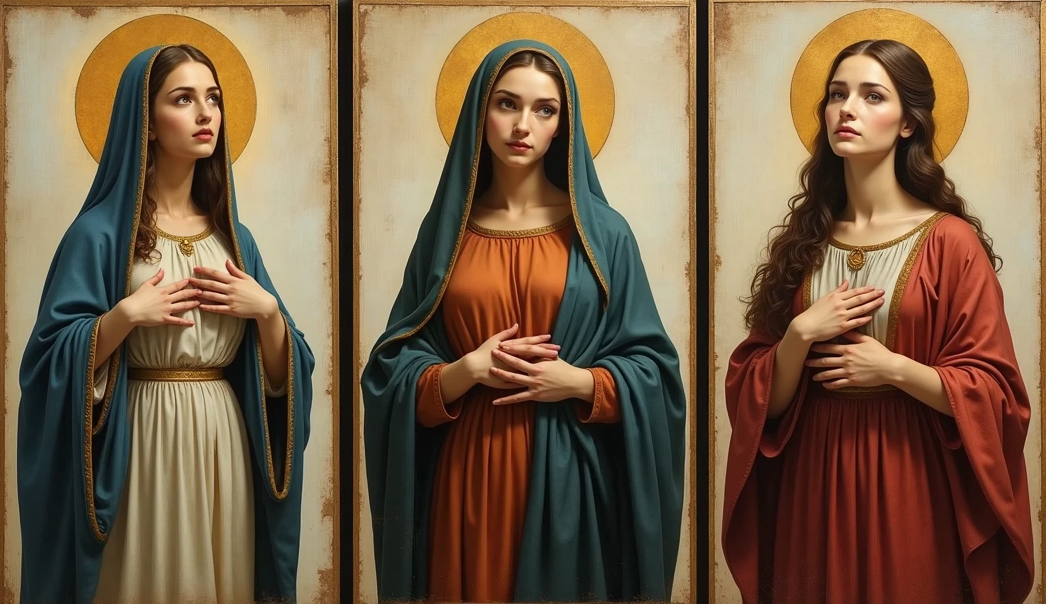 Three women standing side by side。Facing forward。。Beautiful Virgin Mary on the left、Beautiful Mary Magdalene in the center、Beautiful Salome on the right