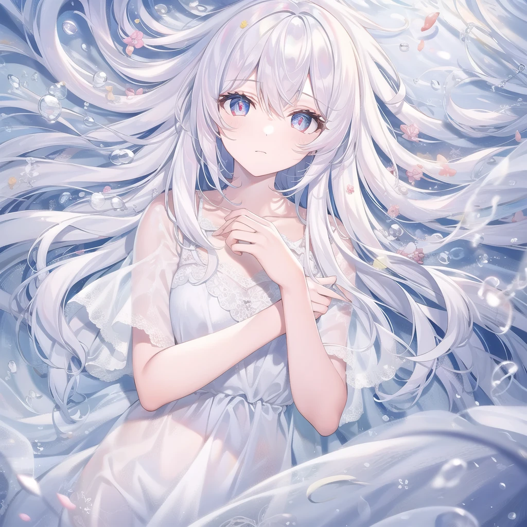 ((masterpiece, best quality))++, Detailed lighting+, Detailed hair+, Detail hand+ ,1 girl, Miss, Long hair, Crimson eyes, beautiful eyes, young white hair,,(Beautiful white hair:1.5),(Beautiful and delicate eyes), high resolution+,glass tint, Reflective eyes, {{angle}} , Very detailed wallpaper, The original, Air bangs,Extremely beautiful CG,Firefly,Nature,ocean