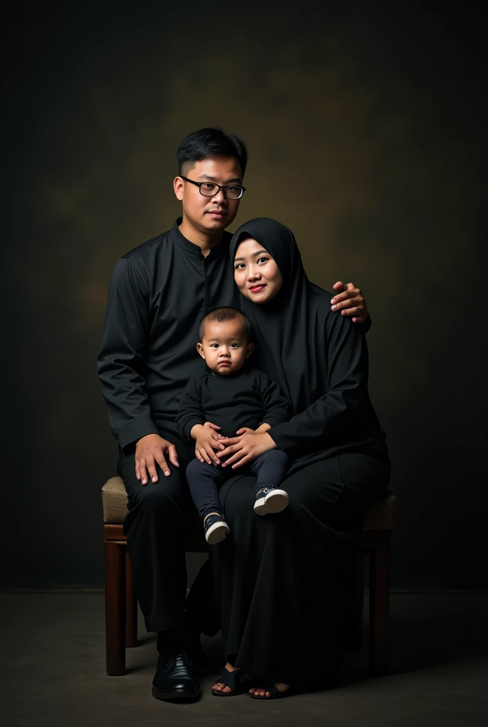 A 30 year old man wearing batik clothes, a beautiful 19 year old woman in muslim clothes posing sitting on a chair, and an 8  girl sitting on the back of a chair,embrace each other, without a smile, Melancholy. family portrait, Indonesian Muslim Clothing, wearing black batik, black background,Light behind, Indonesian family. realistic, original photo.ultra HD, 8k, all Indonesian Ukrainian models posing in the swimming pool