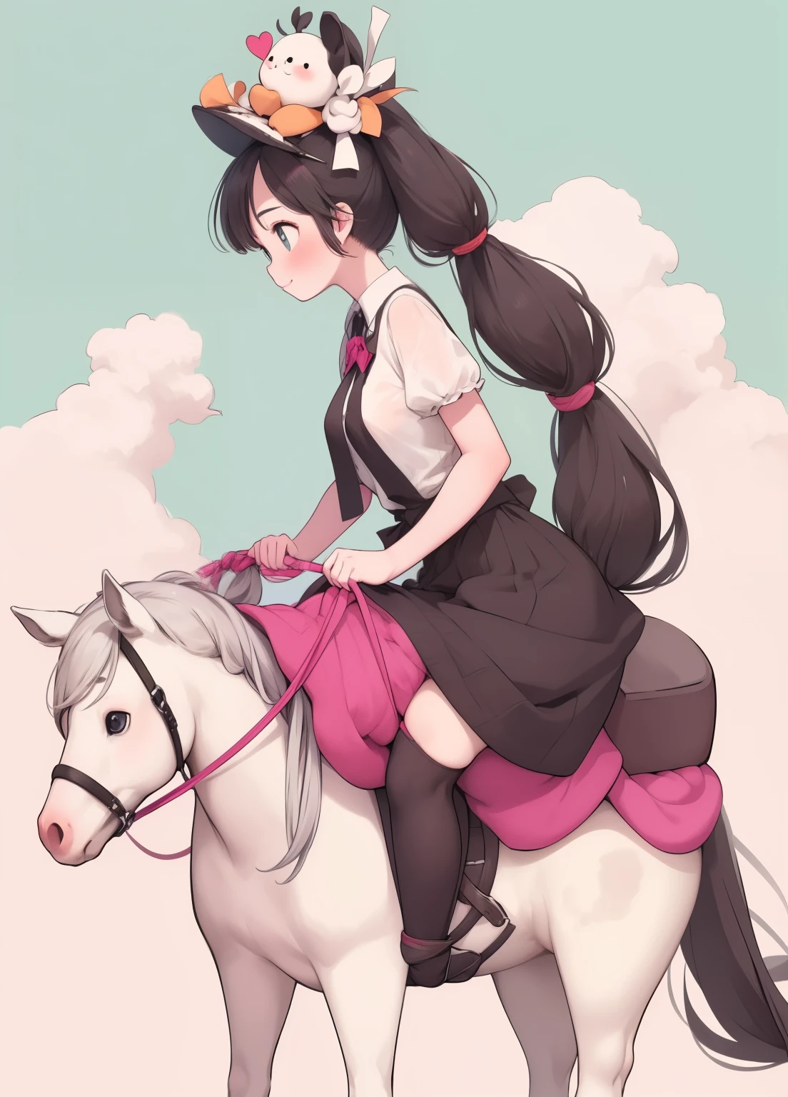 (masterpiece、Highest quality、Highest quality、Official Art、Beautiful and beautiful:1.2)、(One person:1.3)Hatsune Miku、Twin tails,Beautiful breasts, Katsushika Hokusai,//Character 1, Slim and soft, Medium large breasts, Ultra detailed face, So cute, Innocent, Round face, Thin eyebrows, Heart-shaped pupils, Translucent skin, A thoughtful smile, Very long hair, Black Hair, Silver Side Color, Multi-colored hair, Shaggy Bangs, High ponytail style, horse ear on her head break //Fashion Her outfits were inspired by thoroughbreds, Consists of tie-down side ties,( A saddle on her hips), The costume is tight and cuts into the body., Wedge Shape, break //The location is stable, Other horses eating grass, break // The act of kneeling on her knees, (Being pulled by the reins, Stand up on your hind legs:1.6),