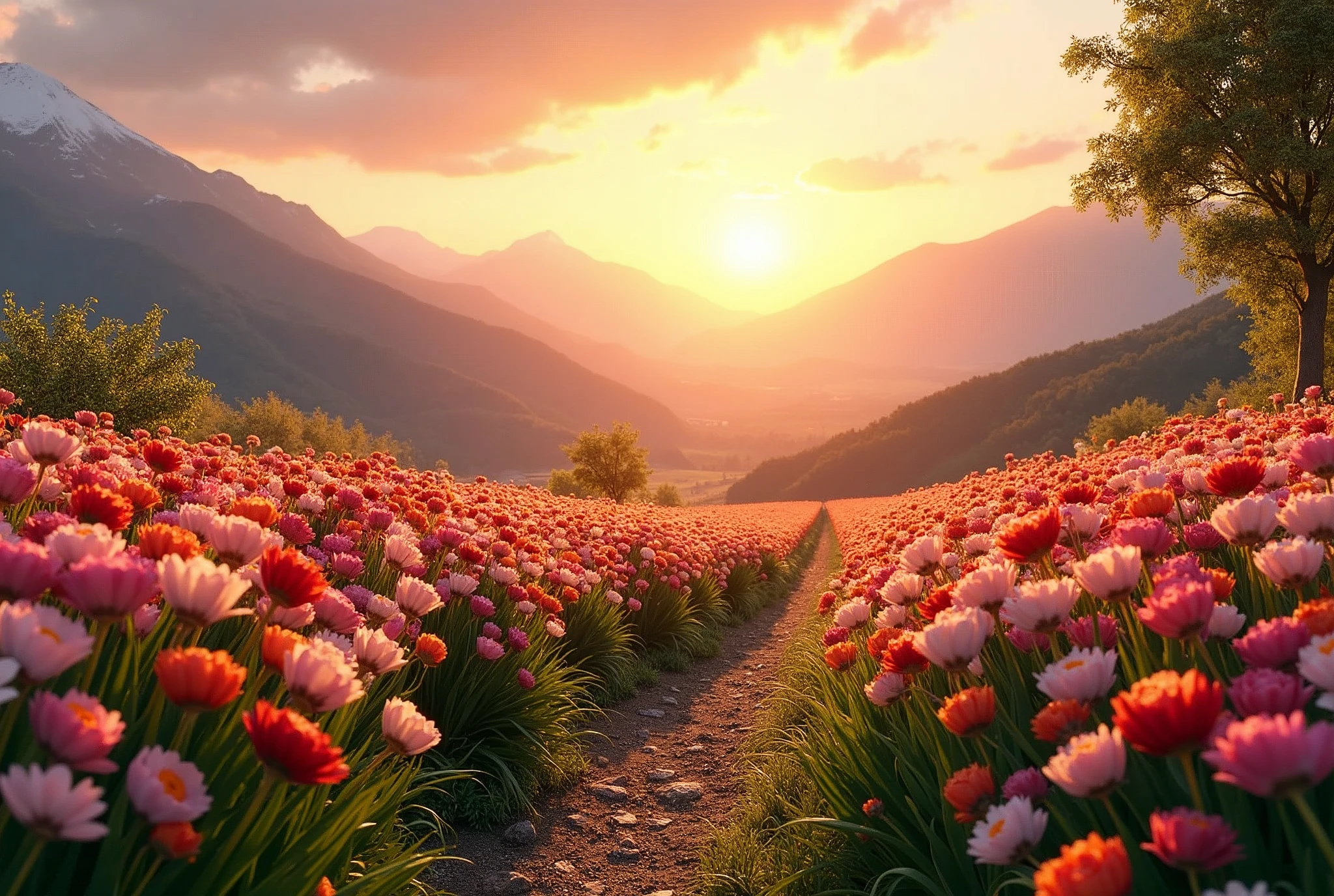 (best quality 16k, work of art:1.2), ultra detali, (realisitic:1.37) photorealisitic, a beautiful flower garden with countless flowers, a spacious and well-kept flower garden, several flower petals dancing in the wind, Wide field of view, in-depth description, Backlit sunset, Mountains in the distance.
INFO